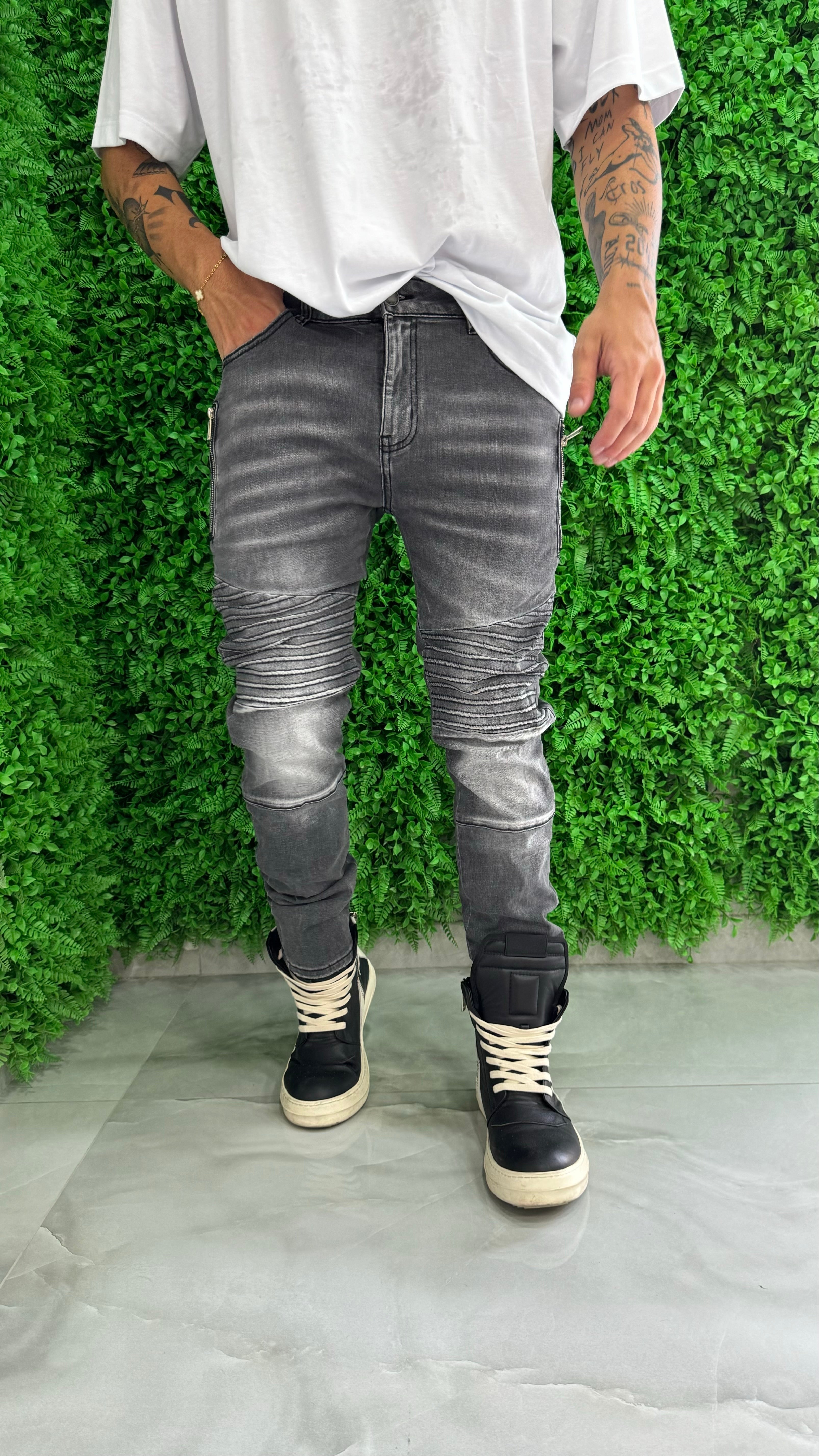 Jeans Biker Double Zip Grey